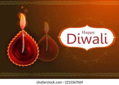 Happy Diwali decorated diya lamp on light festival of India greeting background in vector