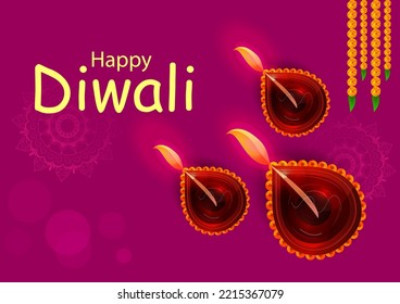 Happy Diwali decorated diya lamp on light festival of India greeting background in vector