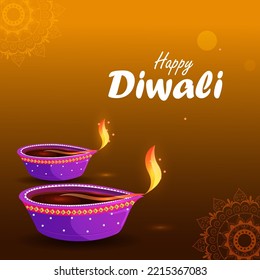 Happy Diwali decorated diya lamp on light festival of India greeting background in vector