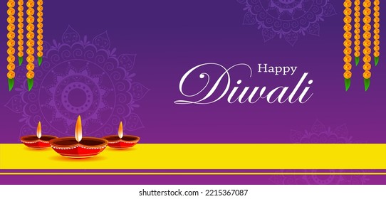 Happy Diwali decorated diya lamp on light festival of India greeting background in vector
