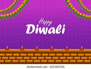 Happy Diwali decorated diya lamp on light festival of India greeting background in vector