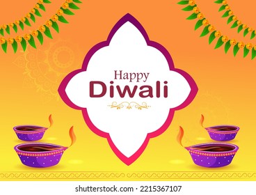 Happy Diwali decorated diya lamp on light festival of India greeting background in vector