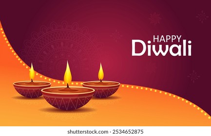 Happy Diwali decorated diya lamp on light festival of India greeting background in vector