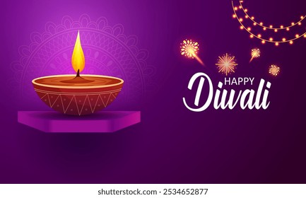 Happy Diwali decorated diya lamp on light festival of India greeting background in vector