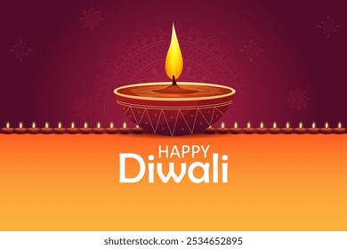 Happy Diwali decorated diya lamp on light festival of India greeting background in vector