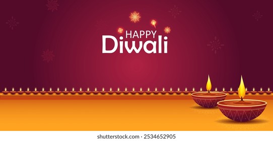 Happy Diwali decorated diya lamp on light festival of India greeting background in vector