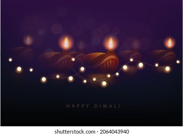 Feliz Diwali Con Diya Decorada, Elementos De La Lámpara De Petróleo En Fondo, Efecto Esparkling De Bokeh, Fondo Púrpura