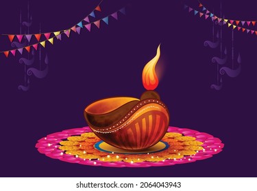 Happy Diwali With Decorated Diya, Oil Lamp Elements On Background, Bokeh Sparkling Effect, Purple Background