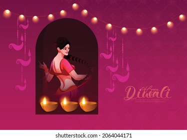 Happy Diwali With Decorated Diya, Oil Lamp Elements On Background, Bokeh Sparkling Effect