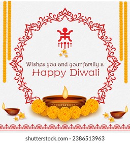 Feliz diwali lámpara decorativa de aceite con arte mandala y logo de esvástica festival de celebración de afiche