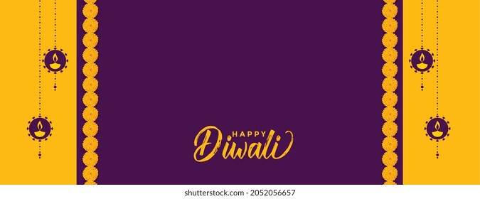 happy diwali decorative yellow purple banner with text space