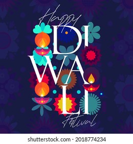 Happy Diwali. Deepavali or Dipavali. Indian festival of lights. Vector flat  illustration and lettering. 