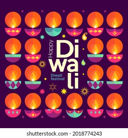 Happy Diwali. Deepavali or Dipavali. Indian festival of lights. Vector flat  illustration and lettering. Holiday background for branding, card, banner, cover, flyer or poster.