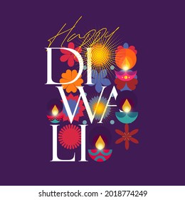 Happy Diwali. Deepavali or Dipavali. Indian festival of lights. Vector flat  illustration and lettering. 