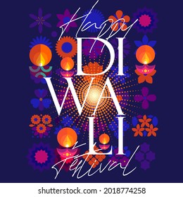 Happy Diwali. Deepavali or Dipavali. Indian festival of lights. Vector flat  illustration and lettering. Holiday background for branding, card, banner, cover, flyer or poster.