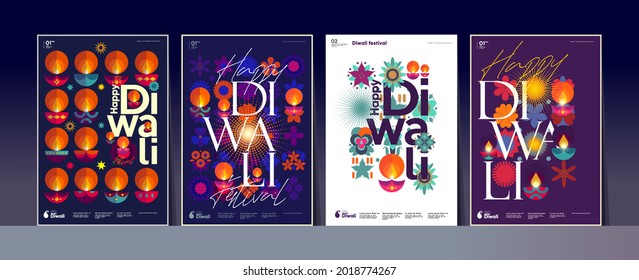 Happy Diwali. Deepavali or Dipavali. Indian festival of lights. Set of vector illustrations and lettering. Holiday background for branding, card, banner, cover, flyer or poster.