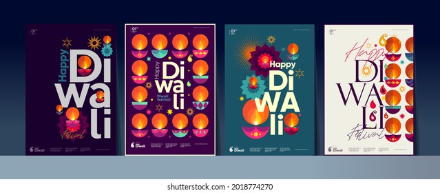 Happy Diwali. Deepavali or Dipavali. Indian festival of lights. Set of vector illustrations and lettering. Holiday background for branding, card, banner, cover, flyer or poster.