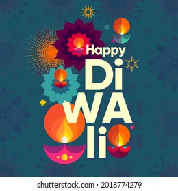 Happy Diwali. Deepavali or Dipavali. Indian festival of lights. Vector flat  illustration and lettering. 