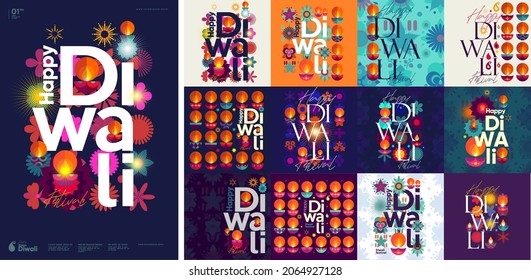 Happy Diwali. Deepavali or Dipavali. Indian festival of lights. Big set of vector illustrations and lettering. Holiday background for branding, card, banner, cover, flyer or poster.