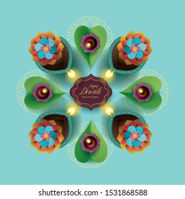 Happy Diwali / Deepavali festival with oil lamp, Diwali holiday Background with diya lovely lamps, Diwali celebration greeting card, Paper craft vector.