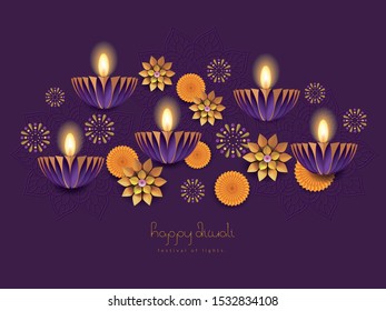 Happy Diwali / Deepavali hindu festival holiday design with paper cut style. Vector illustration.