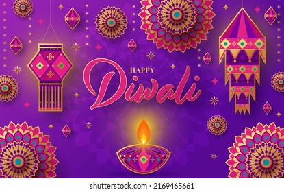 Happy Diwali, Deepavali The Indian Festival Celebration On Color Background.