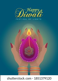 Happy Diwali or Deepavali. Indian woman holding burning diya oil lamp celebrate festival. Lady hands wearing bangle bracelets. Indian festival of lights vector illustration. Top view of diya lamp.