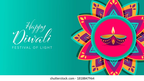 Happy Diwali or Deepavali Vector Illustration, Indian Festival of Diya Lights Poster Template, Diwali Celebration Flat Design, Suitable For Header Web Flyer and Background