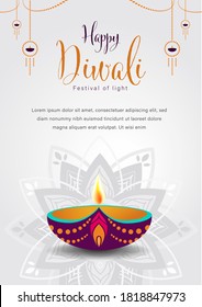 Happy Diwali or Deepavali Vector Illustration, Indian Festival of Diya Lights Poster Template, Diwali Celebration Flat Design, Suitable For Header Web Flyer and Background