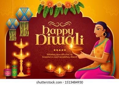 Happy Diwali design with beautiful indian woman holding oil lamp diya and there are marigolds, lanterns decorations on the background