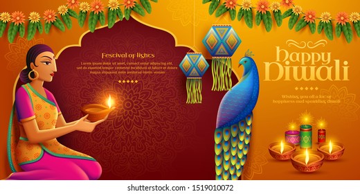 Happy Diwali design with beautiful indian woman holding oil lamp diya and there are marigolds, lanterns and peacock decorations on the background