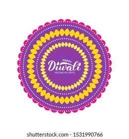 Happy Diwali design with calligraphy lettering and rangoli. Traditional Indian festival of lights typography poster. Easy to edit vector template for banner, flyer, sticker, postcard, greeting card.