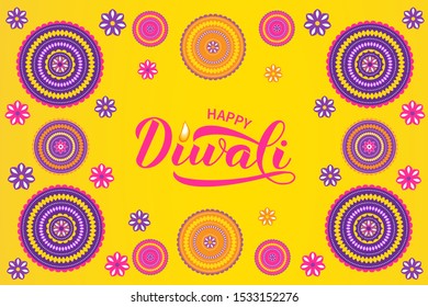Happy Diwali design with calligraphy lettering and mandalas. Traditional Indian festival of lights typography poster. Easy to edit vector template for banner, flyer, sticker, postcard, greeting card.