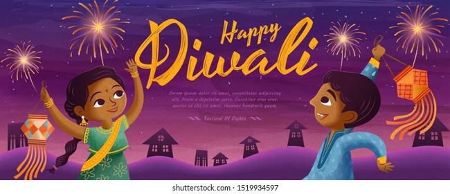 Happy Diwali design with children holding traditional lantern and enjoying fireworks on purple background