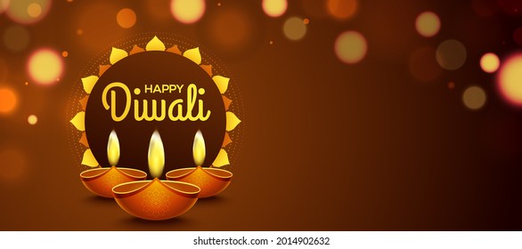 Happy diwali design with diya oil lamp elements on brown rangoli background, bokeh sparkling effect banner design