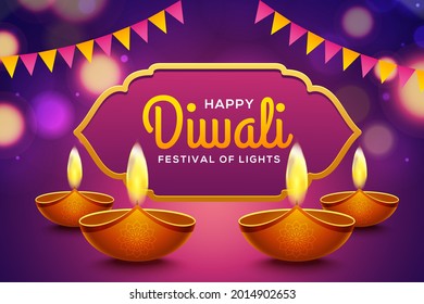 Happy diwali design with diya oil lamp elements on purple rangoli background, bokeh sparkling effect