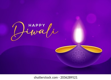 Happy Diwali design with diya oil lamp elements on purple background, bokeh sparkling effect
