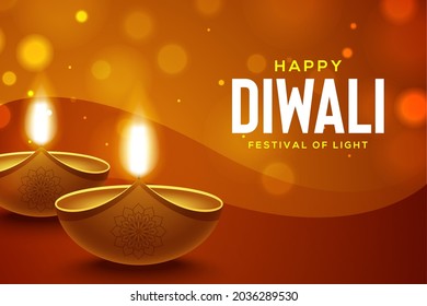 Happy Diwali design with diya oil lamp elements on brown background, bokeh sparkling effect