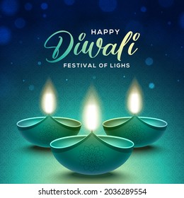 Happy Diwali design with diya oil lamp elements on blue background, bokeh sparkling effect