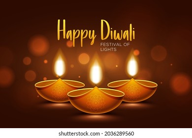 Happy Diwali design with diya oil lamp elements on brown background, bokeh sparkling effect