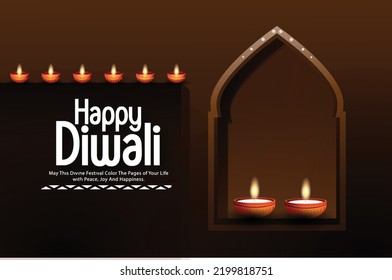 Happy Diwali design with Diya oil lamp elements, Indian festive, bokeh sparkling effect, background for Diwali Festival celebration.