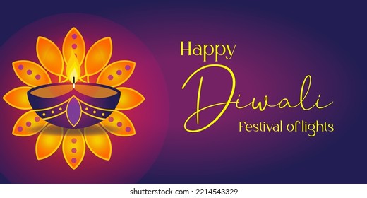 Happy diwali design with diya oil lamp elements on purple rangoli background.