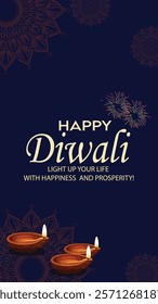 A Happy Diwali design featuring glowing oil lamps (diyas) and intricate rangoli patterns on a dark blue background, with the message "Light Up Your Life with Happiness and Prosperity."