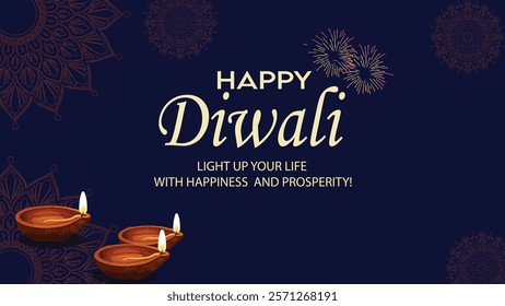 A Happy Diwali design featuring glowing oil lamps (diyas) and intricate rangoli patterns on a dark blue background, with the message "Light Up Your Life with Happiness and Prosperity."