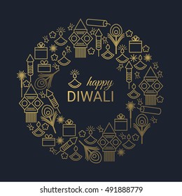 Happy Diwali design with Festival line icons symbols. Vector background.