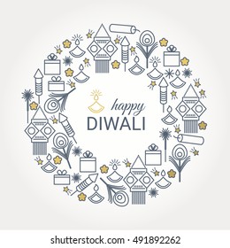 Happy Diwali design with Festival line icons symbols. Vector background