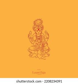 Happy Diwali design with goddess Lakshmi sitting on lotus line drawing