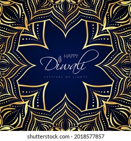 Happy Diwali design with golden mandala frame. White inscription in the middle with flame decoration, on a dark blue background.