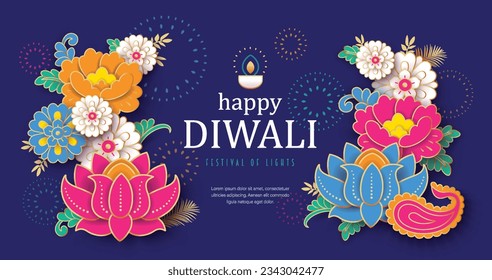 Happy Diwali design with lights and beautiful flowers background. Templates for banner, poster, greeting card, cover or flyer.