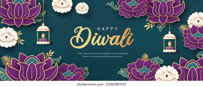 Happy Diwali design with lights and flowers background. Templates for banner, poster, greeting card, cover or flyer.